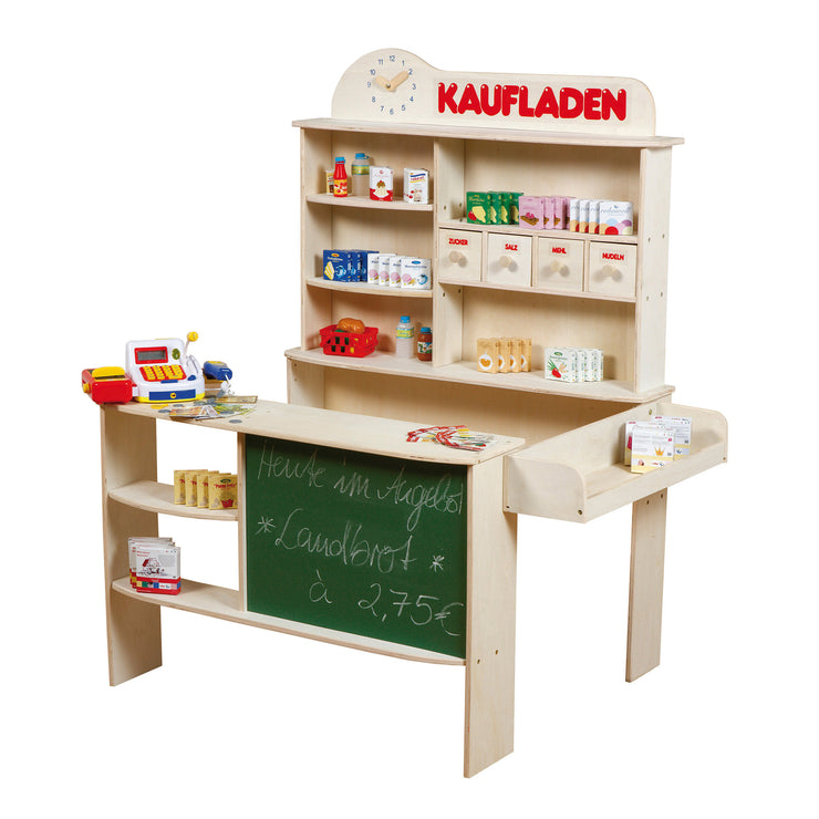 Shop, natural wood, sales stand with 4 drawers, clock, blackboard, counter & side counter
