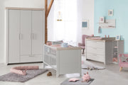 Kindermöbelset 'Helene', inkl. Kombi-Bett 70 x 140 cm, Wickelkommode & 3-türigem Schrank, Lichtgrau