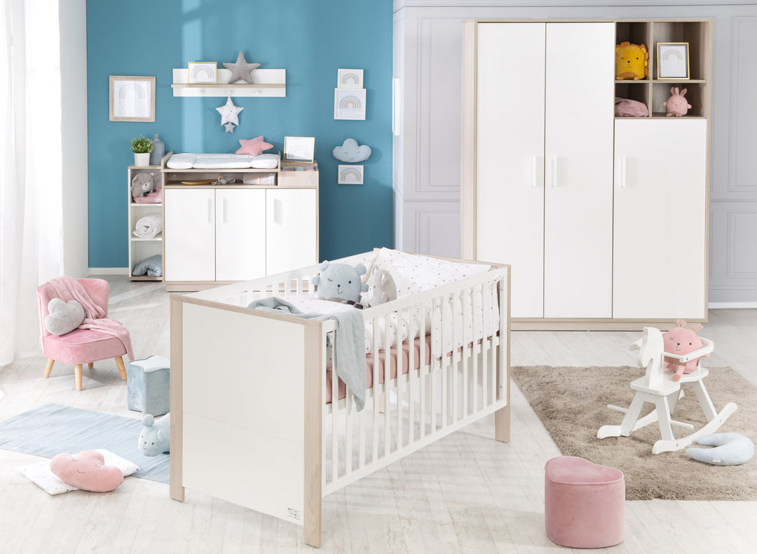 Kinderzimmerset 'Olaf' inkl. Kombi-Bett 70 x 140 cm, Wickelkommode & 3-türigem Schrank, Luna Elm/weiß