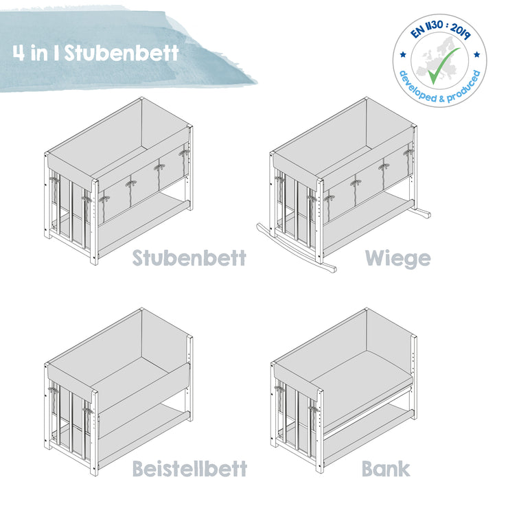 Stuben & Side Bed 'Liebhabär' 4 en 1, cama para bebés, cuna y banco para niños hechos de madera de haya