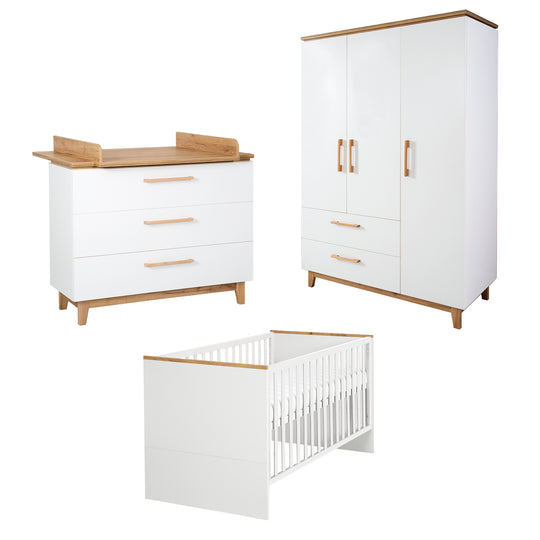 Room Set 'Finn' including Convertible Bed 70 x 140 cm, Changing Table & 3-Door Wardrobe, White/Gold Oak