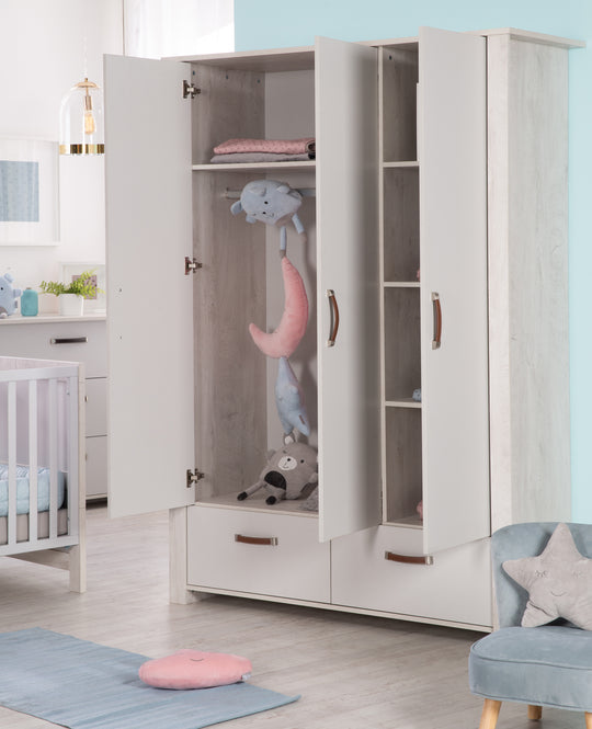 Set camera per bambini 'Mila', compreso il letto combi 70 x 140 cm, cambio petto & armadio a 3 porte, grigio/bianco